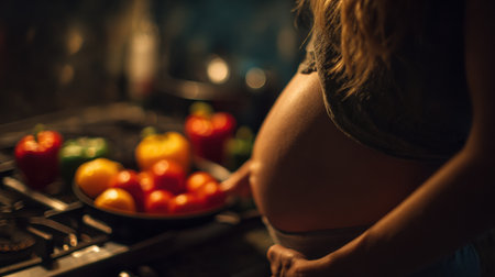 A pregnant woman prepares fresh veggies in her kitchen, focusing on healthy meals and enjoying her cooking experience.の素材
