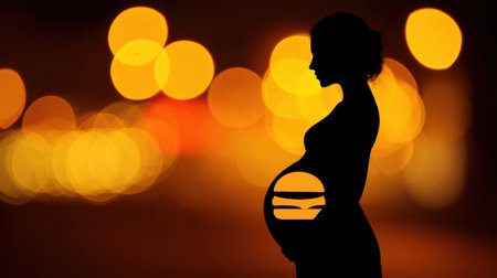 A silhouette of someone holding their belly with a blurred fast food logo in dim light shows temptation and craving.の素材