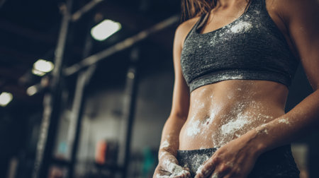 Athlete showcases commitment to fitness with sweat and chalk on her belly after a rigorous gym session focused on strength training.の素材