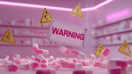 Pills tumble from an open shelf in a pharmacy, surrounded by vivid warning signs highlighting safety issues and alertness needed for consumers.の素材