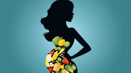 Belly outline showcases various healthy foods, illustrating the importance of nutrition for a flat stomach and overall health.の素材