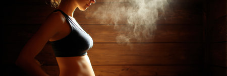 In a warm sauna, a person experiences heavy sweating while focusing on detoxification and relaxation, creating a soothing atmosphere.の素材