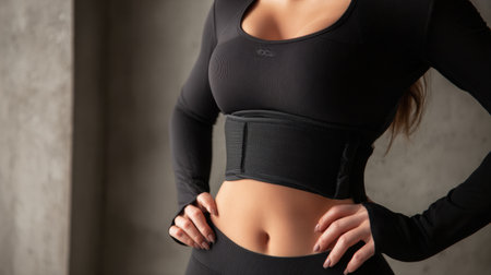 Individual performs stretching exercises, showcasing belly compression in snug sportswear, emphasizing a realistic fitness lifestyle indoors.の素材