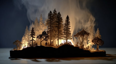 A campfire emits smoke that twists into a silhouette of a lush hill covered with pine trees, embodying warmth and the beauty of nature.の素材