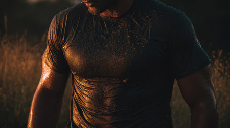 A person demonstrates intense training exertion, showcasing a sweat-soaked shirt clinging to their belly as the sun sets.の素材