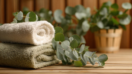 Experience the calming effects of a sauna with eucalyptus aromatherapy, promoting relaxation and supporting fat loss in a serene setting.の素材