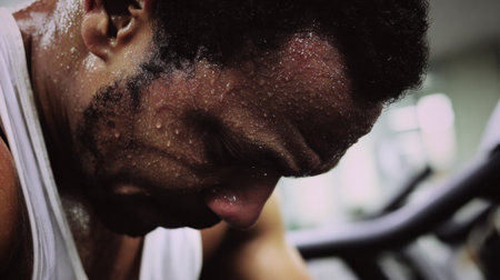 A tired individual rests their belly on the handles of a spin bike, showing signs of intense effort and heavy sweat in a gym setting.の素材