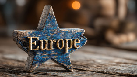 A colorful star displaying the word Europe rests on a rustic wooden table surrounded by warm lighting and a cozy atmosphere.の素材
