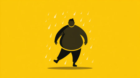 A bold silhouette of a belly figure shows calorie icons raining down, symbolizing the risks of obesity and unhealthy eating choices.の素材