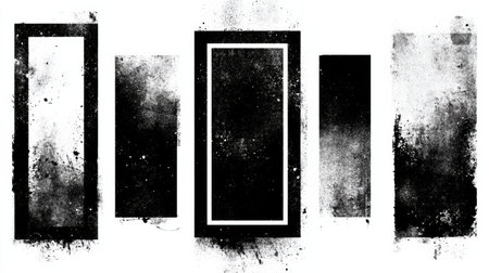 Black rectangles with rough edges and grunge textures create a versatile background for various artistic design projects or collages.の素材