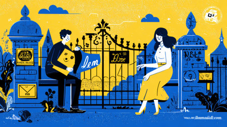 A colorful illustration shows a firewall blocking friendly messages. The scene captures the essence of digital communication challenges.の素材