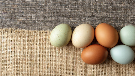 Organic eggs in various colors are placed on a straw mat, while one side remains clear for additional items or space.の素材
