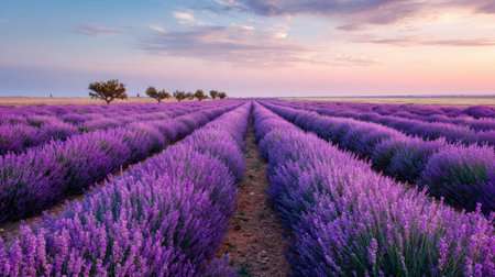 Rows of fragrant lavender bloom under a pastel sky during golden hour, stretching endlessly into the horizon.の素材