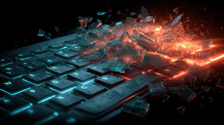 A neon keyboard appears broken by a glitch effect, capturing a dramatic moment of cybercrime and hacking activity at night.の素材