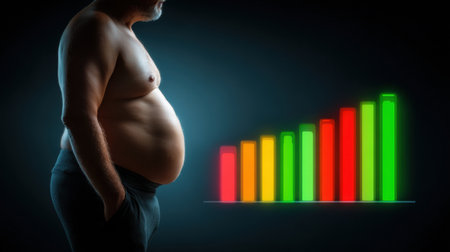 A person with a prominent belly stands beside a graphic chart showing calorie counts, highlighting nutrition and health implications.の素材