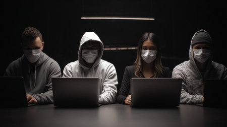 In a shadowy location, masked individuals work intently at a table with laptops, creating a tense cybercrime atmosphere.の素材