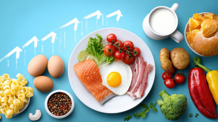 A colorful array of metabolism-boosting foods displayed on a blue table, aimed at educating about belly fat nutrition.の素材