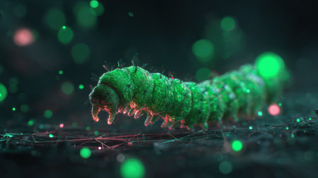 A glowing green malware worm crawls through a digital network mesh, highlighting the threats within the cyber landscape.の素材