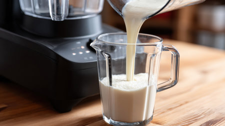 Low-fat milk is poured into a blender to create a nutritious smoothie aimed at reducing belly fat for breakfast.の素材