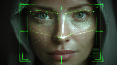 A close-up of a persons face being scanned using biometric technology with green overlay lines for privacy and security.の素材