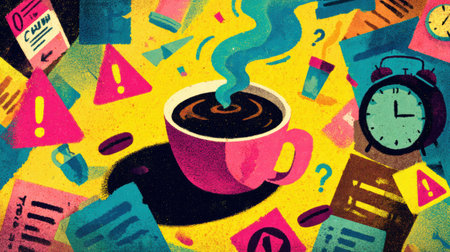 A vibrant coffee cup releases steam, surrounded by warning signs and clock icons, portraying urgency in a lively setting filled with tasks.の素材