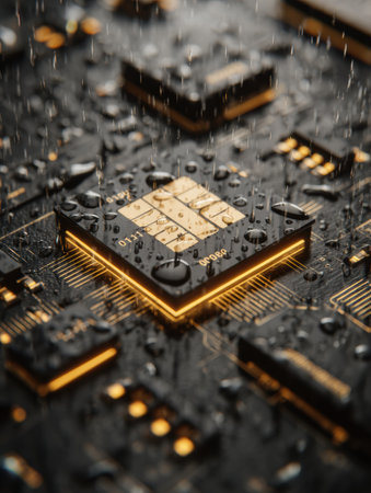 Digital binary rain drips over a credit card chip, illustrating a cybercrime theme in modern fintech in a high-tech setting.の素材