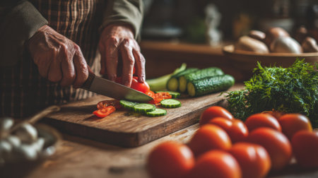 Close up of hands chopping cucumbers and tomatoes on a wooden cutting board while preparing a meal for a belly diet at home.の素材