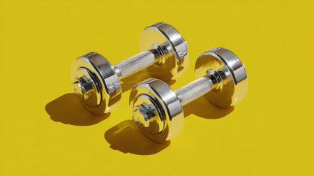 Bright yellow background highlights a brain lifting dumbbells, symbolizing the importance of mental fitness and health training daily.の素材