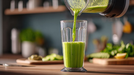 A vibrant green detox smoothie is being poured from a blender into a clear glass on a wooden countertop, showing a healthy kitchen lifestyle.の素材