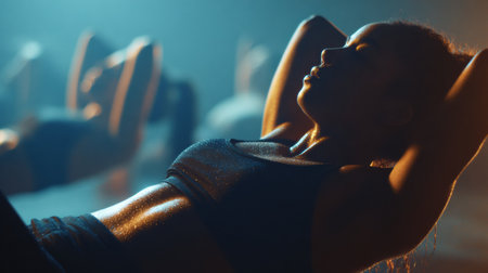 Engaging in crunches, the individual showcases belly sweat reflecting cinematic lighting, symbolizing hard work and dedication.の素材