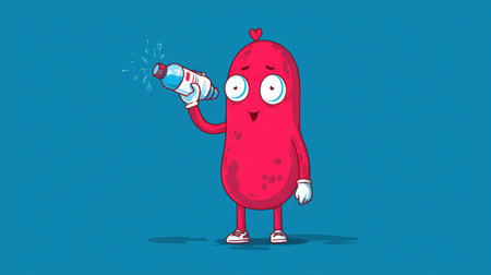 A cheerful kidney character is drinking water, smiling joyfully in a minimal cartoon style against a bright blue backdrop.の素材