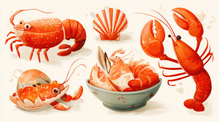 Brightly colored cartoon-style seafood characters for kids menu, including various crustaceans and a shell, all designed to appeal to young diners.の素材