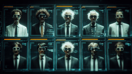 Cinematic user interface displays a deepfake editing program with multiple distorted faces, highlighting manipulation and technology implications.の素材