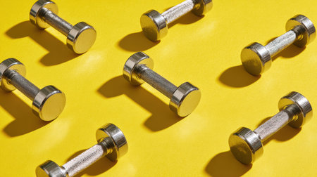 Bright yellow background showcases a creative visual of a brain lifting dumbbells, representing mental fitness and strengthの素材