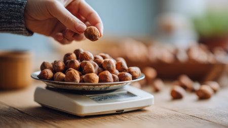 A female hand carefully weighs a portion of nuts on a scale, emphasizing the importance of portion control in a belly diet lifestyle.の素材