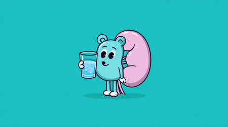 A friendly kidney character happily drinks a glass of water against a vibrant background, promoting hydration and health in a fun way.の素材