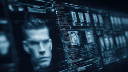 A digital interface displays distorted faces representing deepfake technology, emphasizing themes of manipulation and crime in a cinematic design.の素材