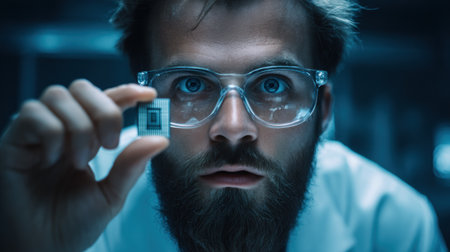 In a high-tech lab, an engineer closely inspects a microchip under artificial lighting, focused on advanced technology research and development.の素材