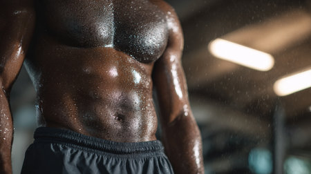 Muscles glisten with beads of sweat while engaging in a demanding workout, highlighting effort and fat burning in a well-lit gym environment.の素材