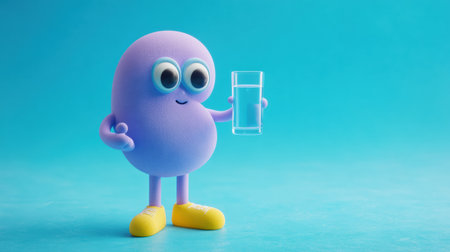 A joyful kidney character is drinking water from a glass, showing a fun and friendly expression against a vibrant blue background.の素材