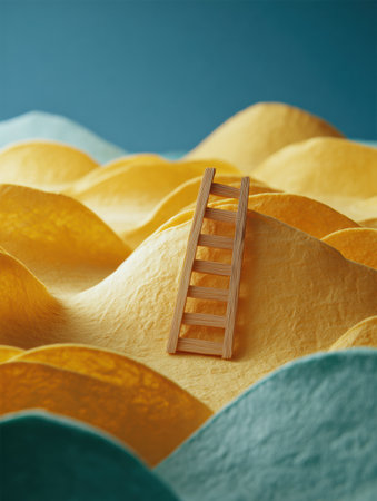 A small paper ladder leans against vibrant yellow shapes on a textured teal base, creating an imaginative scene with playful colors.の素材
