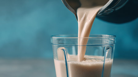 Low-fat milk pours into a blender, preparing a nutritious smoothie that supports a healthy breakfast routine aimed at reducing belly fat.の素材