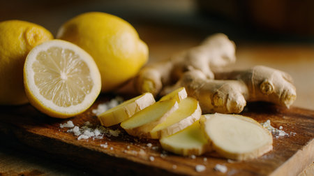 Freshly sliced ginger roots and juicy lemon slices are artfully arranged on a wooden cutting board, perfect for boosting metabolism.の素材