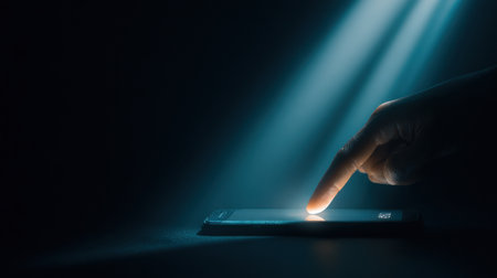 A hand extends toward the illuminated screen of a smartphone, set in dark lighting, suggesting a moment of potential cyber theft.の素材