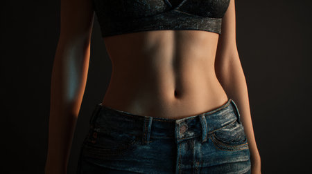 A person in tight jeans showcases the muffin-top effect, highlighting the challenges of body image and weight gain.の素材