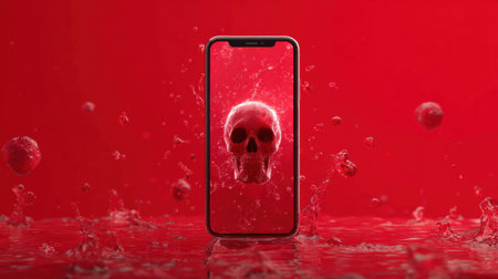 A smartphone shows a red skull pop-up warning, indicating a malware attack with a striking red background featuring water droplets.の素材