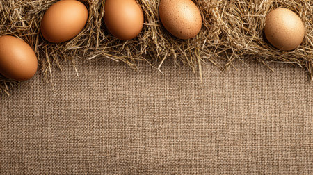 Organic eggs are neatly displayed on a straw mat, with an empty area on the left side ideal for additional design or messaging.の素材