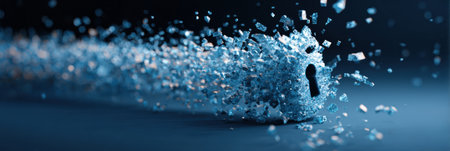 A digital lock breaks apart into binary pieces, symbolizing a failure in online protection and the threat of espionage activities.の素材