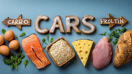 Flat lay displays various groceries labeled with carbs, proteins, and fats, pointing to their role in promoting belly health.の素材