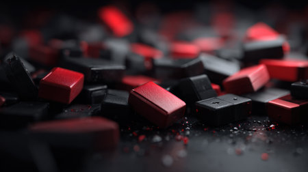 Database lock symbols scatter on a dark surface, capturing the chaos of a ransomware attack with a bold black and red aesthetic.の素材